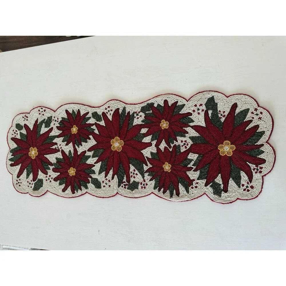 ✿ Vintage Beaded Christmas Table Runner Red Poinsettia Flowers Holiday Decor